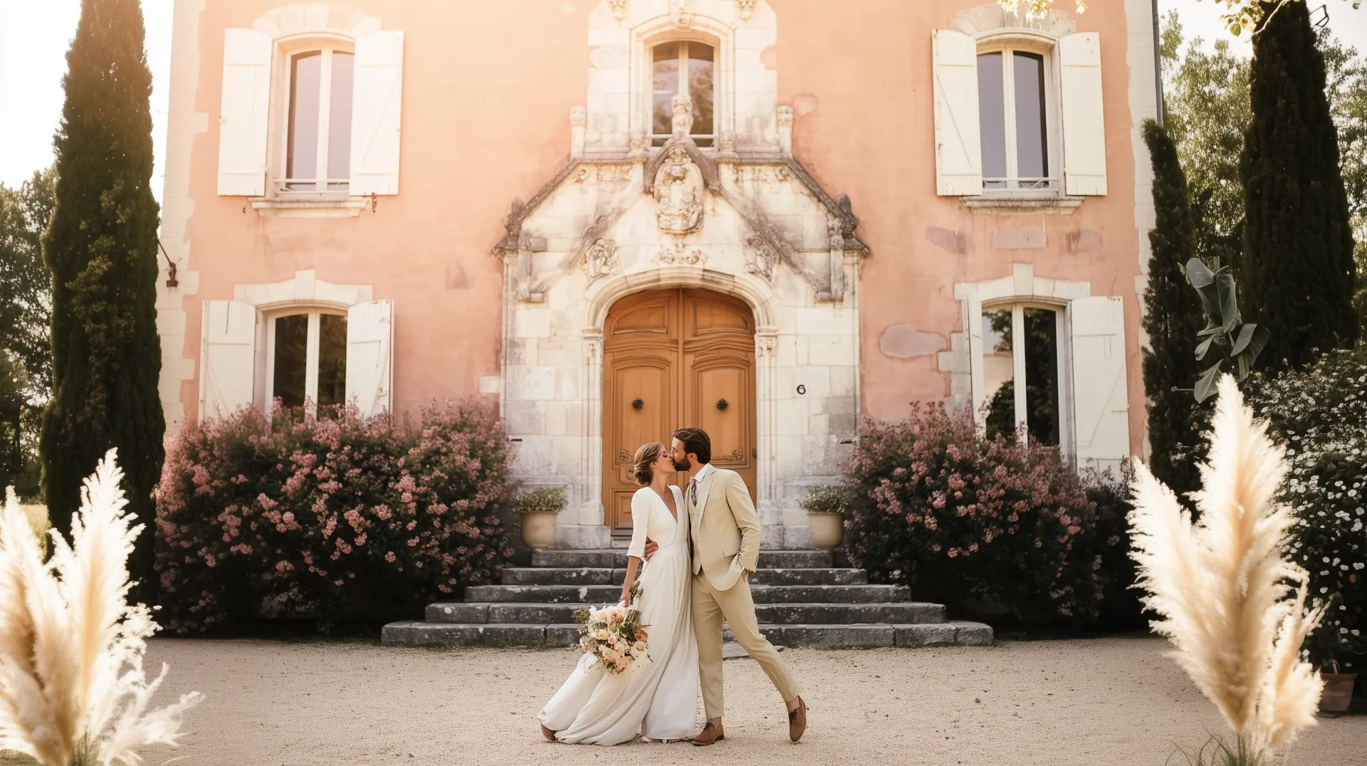 A couple before a pink château — a Lemon & Hazel venue